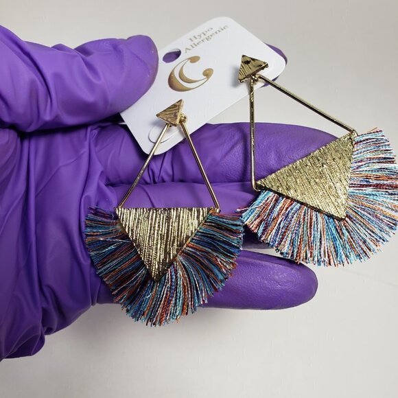 Boho Multicolor Fan Earrings w/ Gold tone Triangle Post Statement Women Jewelry - Picture 3 of 10